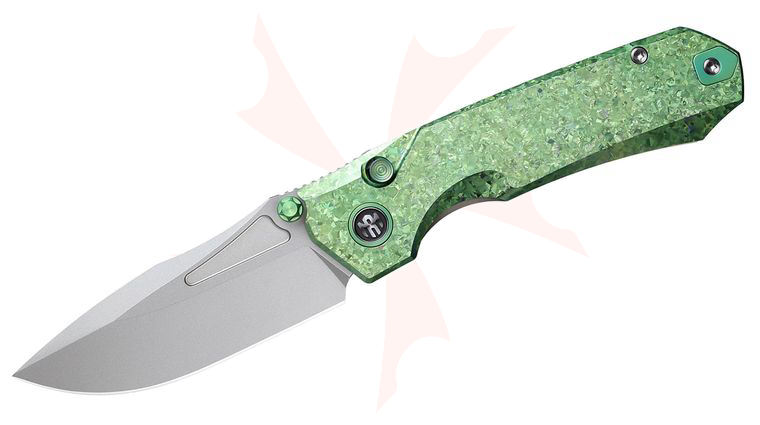 Remette Knives Rhino Button Lock Front Flipper Knife 3.07 inch M390 Pearlescent Drop Point Blade, Green Crystallized Titanium Handles