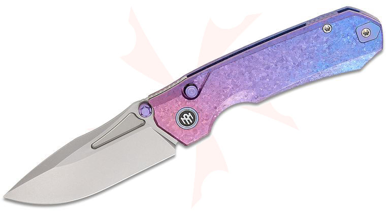 Remette Knives Rhino Button Lock Front Flipper Knife 3.07 inch M390 Pearlescent Drop Point Blade, Blurple Crystallized Titanium Handles