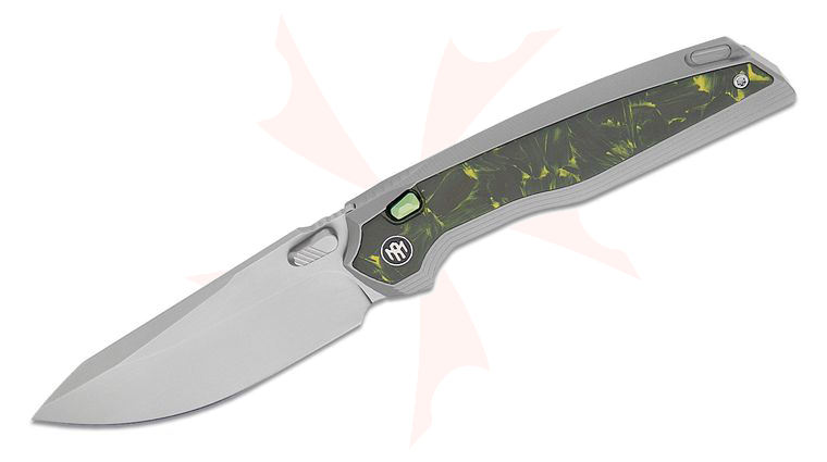 Remette Knives RT-ONEA4 Button Frame Lock Folding Knife 3.55 inch M390 Pearlescent Drop Point Blade, Milled Integral Sandblasted Titanium Handles with Yellow/Black Carbon Fiber Inlays