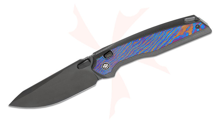 Remette Knives RT-ONEA1 Button Frame Lock Folding Knife 3.55 inch M390 Black DLC Drop Point Blade, Milled Integral Black DLC Titanium Handles with Timascus Onlays