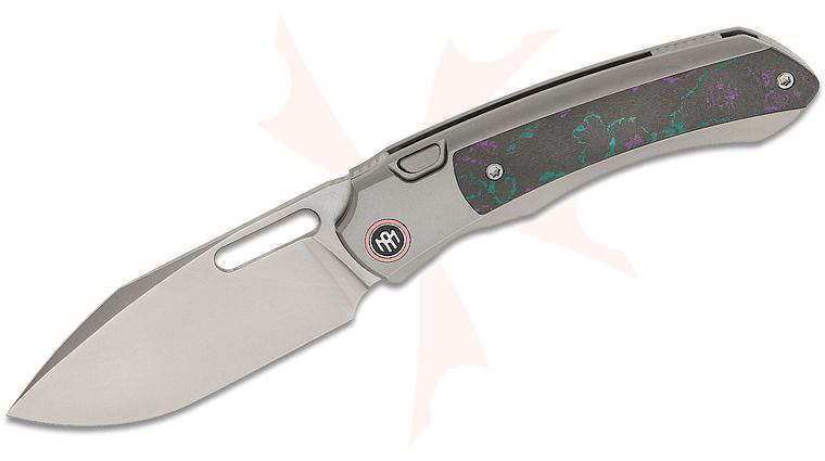 Remette Knives RT-Orca Button Frame Lock Front Flipper Knife 3.15 inch M390 Pearlescent Stonewashed Drop Point Blade, Sandblasted Titanium Handles with Jazzy CamoCarbon Inlays, Purple Anodized Pivot Collar