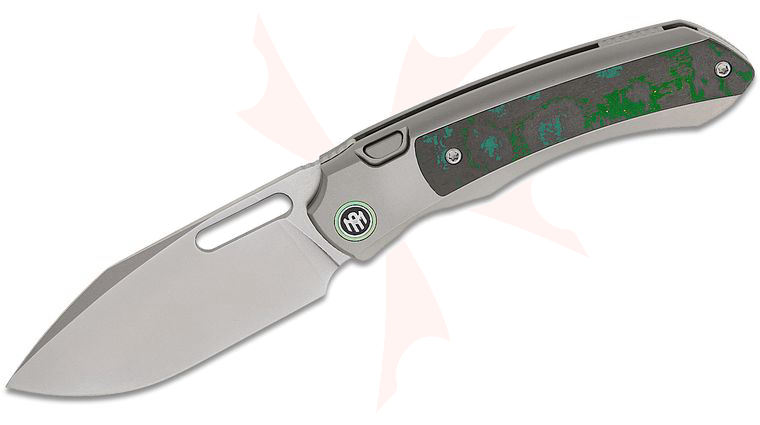 Remette Knives RT-Orca Button Frame Lock Front Flipper Knife 3.15 inch M390 Pearlescent Stonewashed Drop Point Blade, Sandblasted Titanium Handles with Kelp Bed CamoCarbon Inlays, Green Anodized Pivot Collar