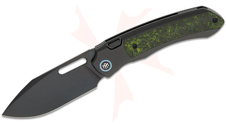 Remette Knives RT-Orca Button Frame Lock Front Flipper Knife 3.15 inch M390 Pearlescent Black DLC Drop Point Blade, Black Titanium Handles with Luminous Carbon Fiber Inlays, Blue Anodized Pivot Collar