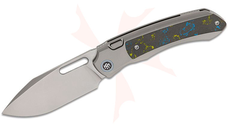 Remette Knives RT-Orca Button Frame Lock Front Flipper Knife 3.15 inch M390 Pearlescent Stonewashed Drop Point Blade, Sandblasted Titanium Handles with Ultimate Warrior CamoCarbon Inlays, Blue Anodized Pivot Collar