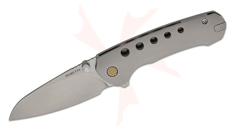 Remette Knives RT-Bee Flipper Knife 2.8 inch M390 Pearlescent Sheepsfoot Blade, Orange Peel Texture Titanium Handles with Titanium Toothpick