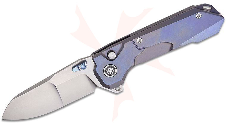 Remette Knives RT-Cosmic Button Liner Lock Flipper Knife 3 inch M390 Pearlescent Drop Point Blade, Blue Titanium Handles, Safety Lock