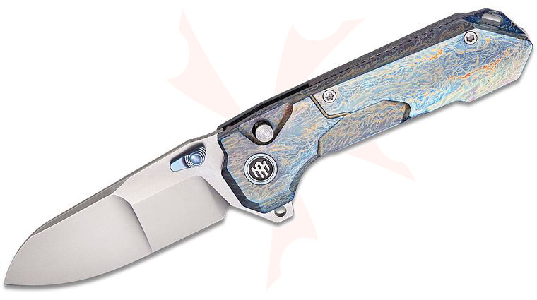 Remette Knives RT-Cosmic Button Liner Lock Flipper Knife 3 inch M390 Pearlescent Drop Point Blade, Entropic Anodized Titanium Handles, Safety Lock