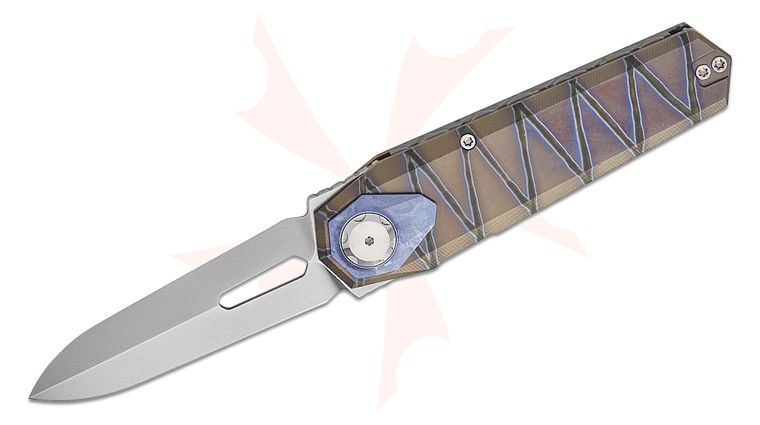 Remette Knives RT-Infinite Power Button Lock Flipper Knife 3.15 inch M390 Satin Spear Point Blade, Flamed Titanium Handles with Blue Crystallized Titanium Pivot Collar