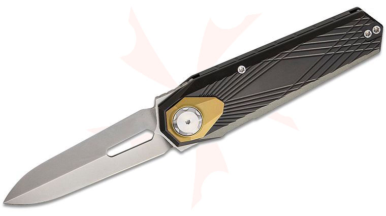 Remette Knives RT-Infinite Power Button Lock Flipper Knife 3.15 inch M390 Satin Spear Point Blade, Black Anodized Milled Titanium Handles with Gold Anodized Titanium Pivot Collar
