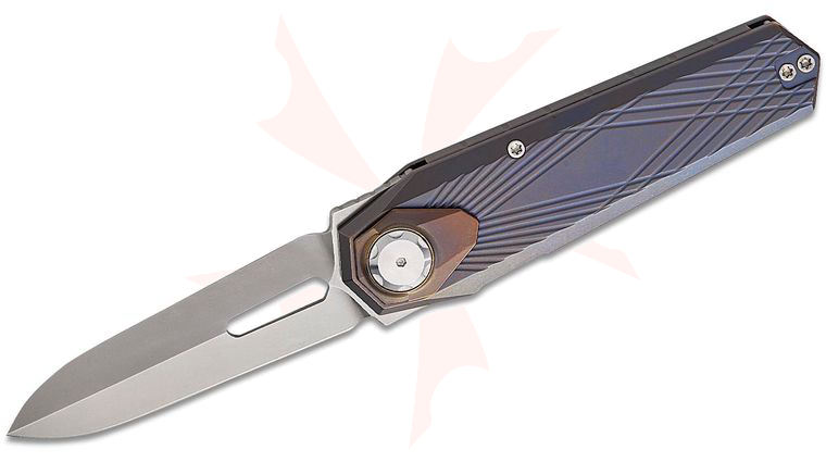 Remette Knives RT-Infinite Power Button Lock Flipper Knife 3.15 inch M390 Satin Spear Point Blade, Blue Anodized Milled Titanium Handles with Bronze Anodized Titanium Pivot Collar