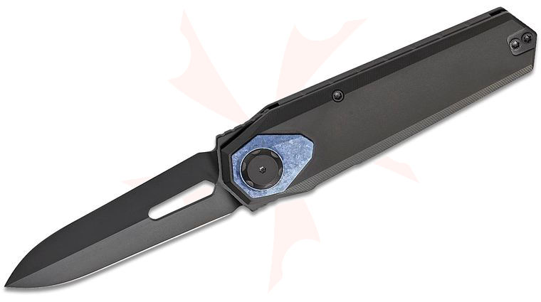 Remette Knives RT-Infinite Button Lock Flipper Knife 3.15 inch M390 Black DLC Spear Point Blade, Black DLC Titanium Handles with Blue Crystallized Titanium Pivot Collar