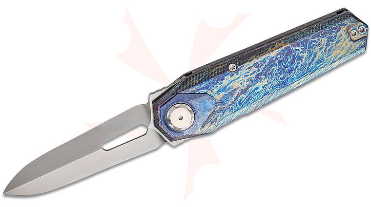 Remette Knives RT-Infinite Power Button Lock Flipper Knife 3.15 inch M390 Satin Spear Point Blade, Entropic Anodized Titanium Handles with Blue Crystallized Titanium Pivot Collar
