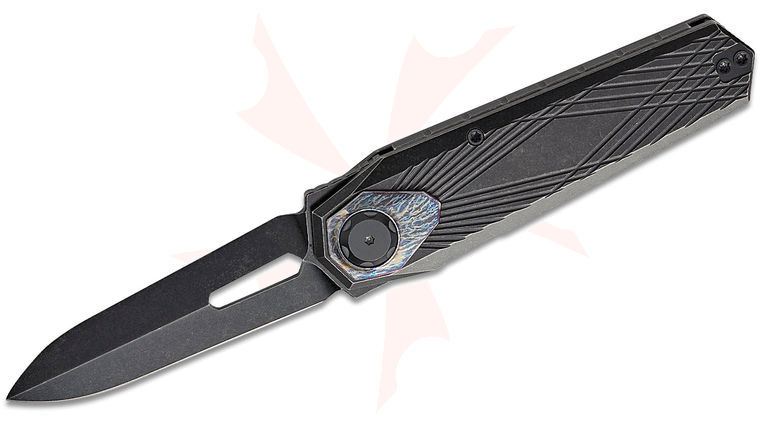 Remette Knives RT-Infinite Power Button Lock Flipper Knife 3.15 inch M390 Black Stonewashed Spear Point Blade, Black Stonewashed Milled Titanium Handles with Entropic Anodized Titanium Pivot Collar
