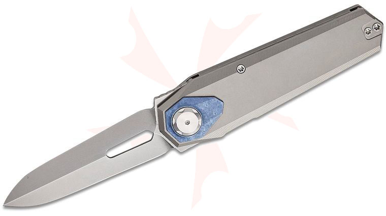 Remette Knives RT-Infinite Power Button Lock Flipper Knife 3.15 inch M390 Satin Spear Point Blade, Bead Blasted Titanium Handles with Blue Crystallized Titanium Pivot Collar