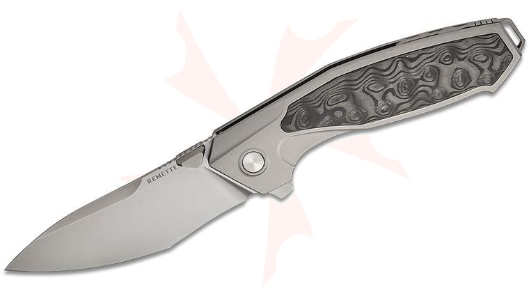 Remette Knives RT-Kingfisher Frame Lock Flipper Knife 3.46 inch M390 Hand Rubbed Satin Drop Point Blade, Sand Blasted Titanium Handles with Carbon Fiber Inlays