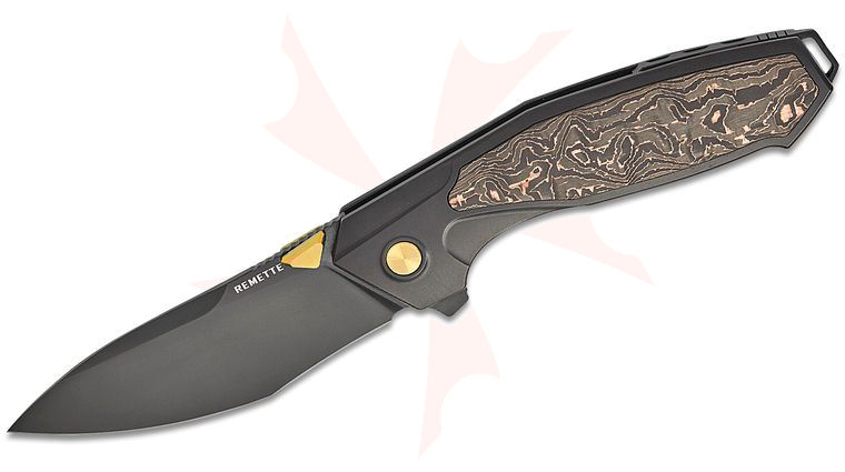 Remette Knives RT-Kingfisher Frame Lock Flipper Knife 3.46 inch M390 Black DLC Drop Point Blade, Black Sand Blasted Titanium Handles with Copper Carbon Fiber Inlays
