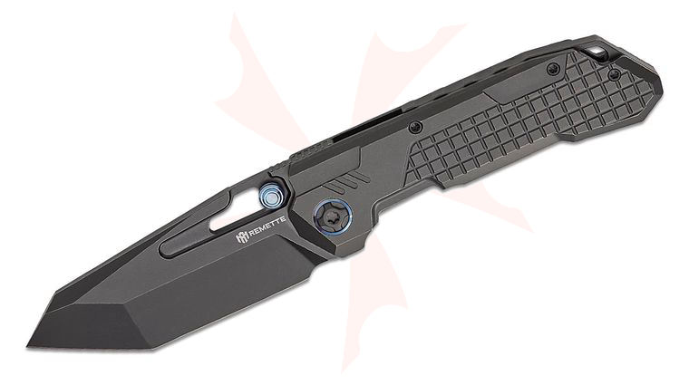 Remette Knives RT-Cool Leopard Frame Lock Front Flipper Knife 3.54 inch M390 Black DLC Modified Tanto Blade, Black Stonewashed Frag Pattern Titanium Handles with Blue Anodized Pivot Collar
