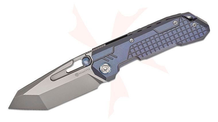 Remette Knives RT-Cool Leopard Frame Lock Front Flipper Knife 3.54 inch M390 Pearlescent Modified Tanto Blade, Blue Anodized Frag Pattern Titanium Handles with Blue Anodized Pivot Collar