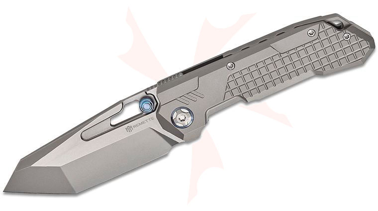 Remette Knives RT-Cool Leopard Frame Lock Front Flipper Knife 3.54 inch M390 Pearlescent Modified Tanto Blade, Frag Pattern Titanium Handles with Blue Anodized Pivot Collar