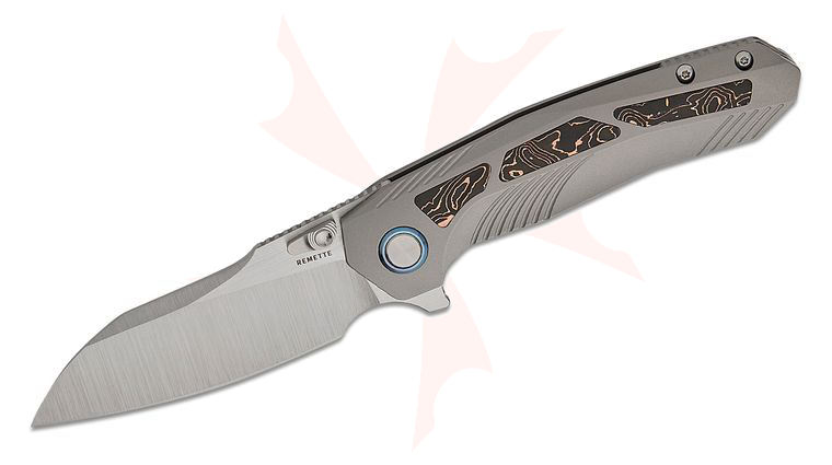 Remette Knives RT-Kestrel Flipper Knife 3.15 inch S35VN Satin Sheepsfoot Blade, Sand Blasted Titanium Handles with Copper Carbon Fiber Inlays