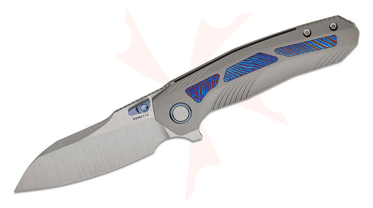 Remette Knives RT-Kestrel Flipper Knife 3.15 inch S35VN Satin Sheepsfoot Blade, Sand Blasted Titanium Handles with Timascus Inlays