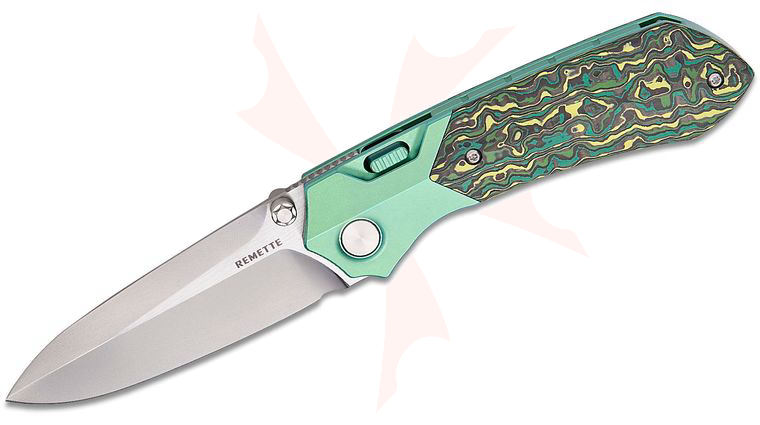 Remette Knives RT-Meteor Button Frame Lock Front Flipper Knife 3.25 inch M390 Satin Spear Point Blade, Green Titanium Handles with Green Carbon Fiber Inlays, Safety Lock