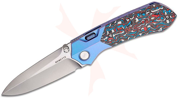 Remette Knives RT-Meteor Button Frame Lock Front Flipper Knife 3.25 inch M390 Satin Spear Point Blade, Blurple Titanium Handles with Red/White/Blue Carbon Fiber Inlays, Safety Lock