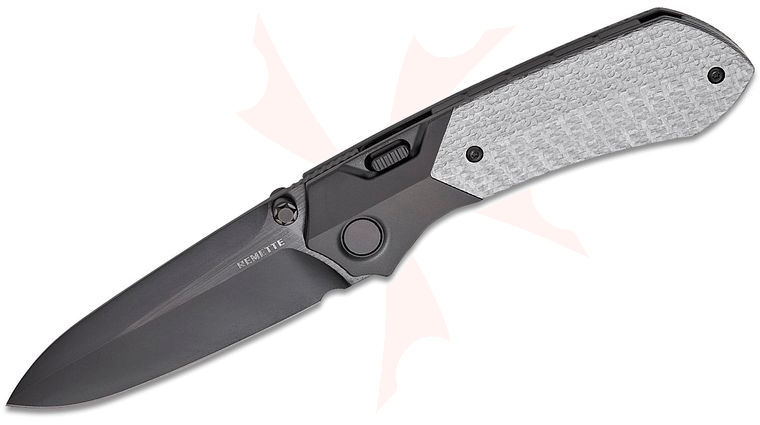 Remette Knives RT-Meteor Button Frame Lock Front Flipper Knife 3.25 inch M390 Black DLC Spear Point Blade, Black Titanium Handles with Silver Twill Inlays, Safety Lock