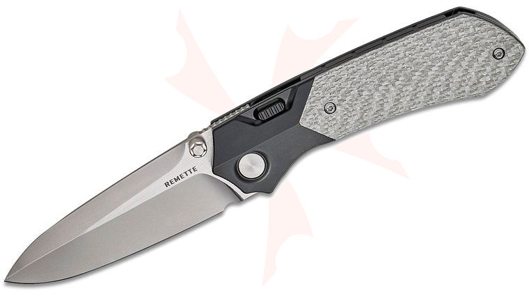 Remette Knives RT-Meteor Button Frame Lock Front Flipper Knife 3.25 inch M390 Satin Spear Point Blade, Black Titanium Handles with Silver Twill Inlays, Safety Lock