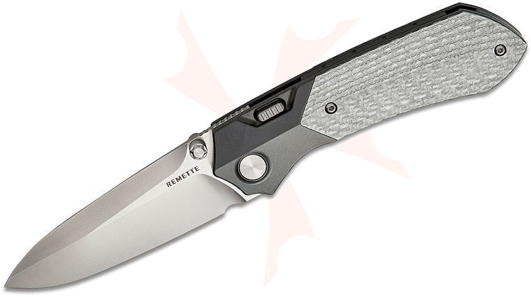 Remette Knives RT-Meteor Button Frame Lock Front Flipper Knife 3.25 inch M390 Satin Spear Point Blade, Dark Blasted Titanium Handles with Silver Twill Inlays