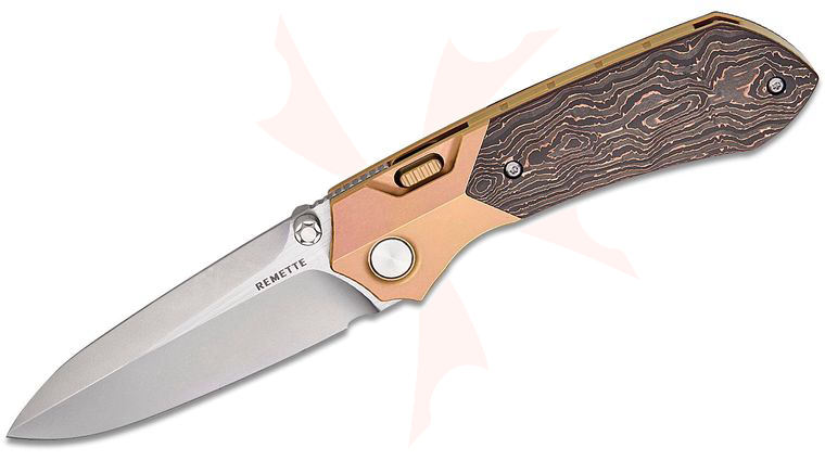 Remette Knives RT-Meteor Button Frame Lock Front Flipper Knife 3.25 inch M390 Satin Spear Point Blade, Bronze Titanium Handles with Copper Foil Carbon Fiber Inlays, Safety Lock