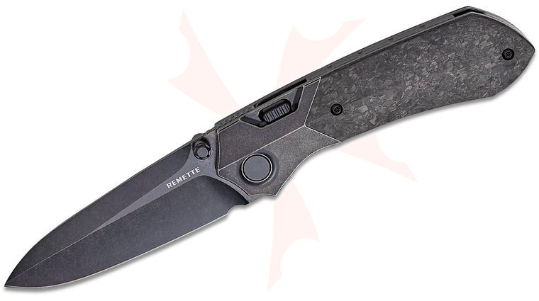 Remette Knives RT-Meteor Button Frame Lock Front Flipper Knife 3.25 inch M390 Black Spear Point Blade, Black Titanium Handles with Marbled Carbon Fiber Inlays, Safety Lock