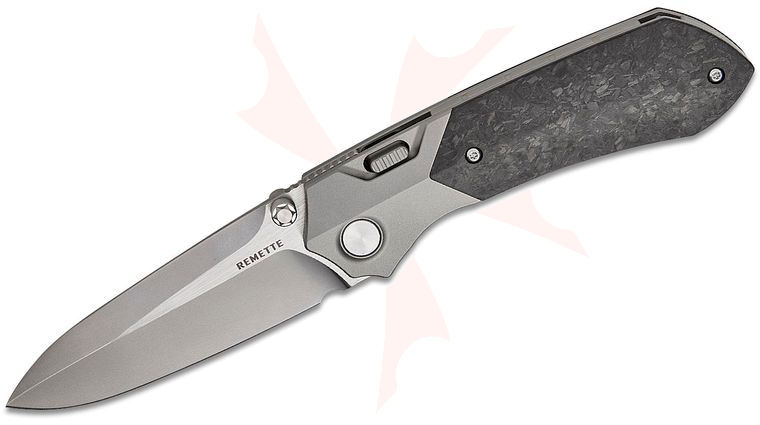 Remette Knives RT-Meteor Button Frame Lock Front Flipper Knife 3.25 inch M390 Satin Spear Point Blade, Blasted Titanium Handles with Marbled Carbon Fiber Inlays, Safety Lock