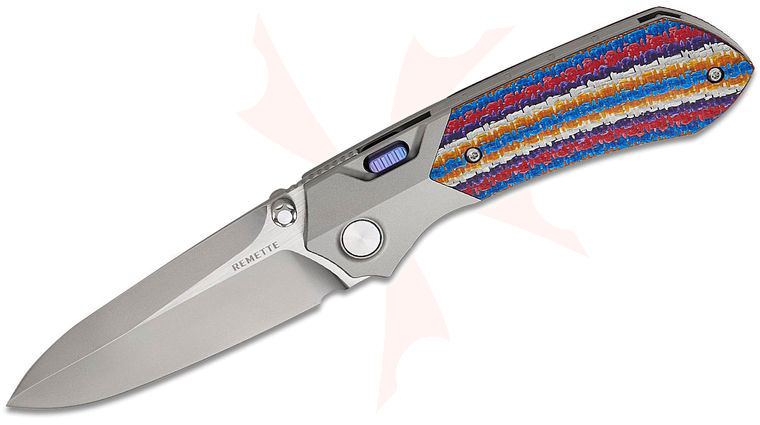 Remette Knives RT-Meteor Button Frame Lock Front Flipper Knife 3.25 inch M390 Two-Tone Satin Spear Point Blade, Blasted Titanium Handles with Multicolored Carbon Fiber Inlays