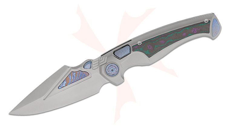 Remette Knives RT-Scepter Button Frame Lock Folding Knife 3.74 inch M390 Pearlescent Harpoon Blade with Timascus Inlays, Sand Blasted Titanium Handles with Jazzy CamoCarbon Inlays