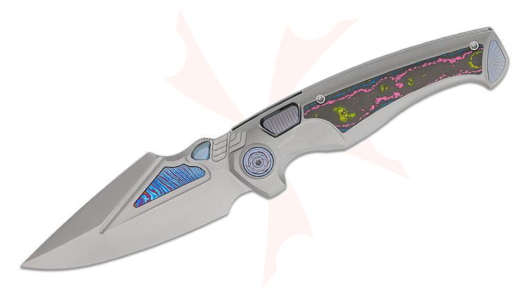 Remette Knives RT-Scepter Button Frame Lock Folding Knife 3.74 inch M390 Pearlescent Harpoon Blade with Timascus Inlays, Sand Blasted Titanium Handles with Ultimate Warrior CamoCarbon Inlays