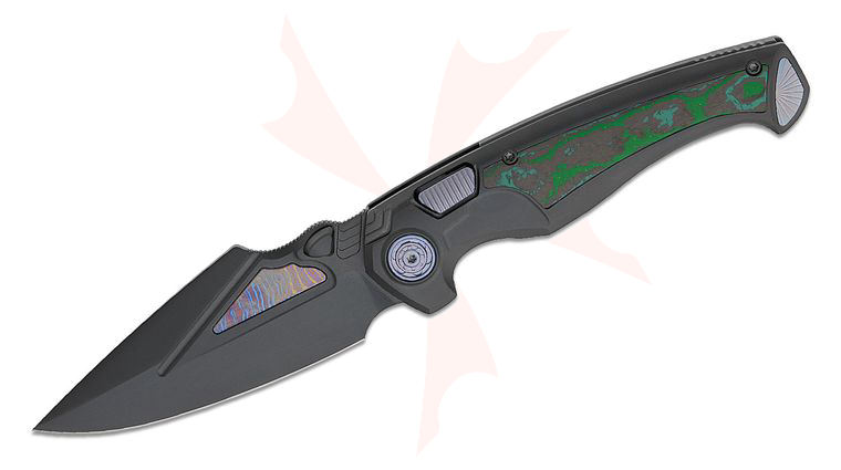 Remette Knives RT-Scepter Button Frame Lock Folding Knife 3.74 inch M390 Black DLC Harpoon Blade with Timascus Inlays, Black DLC Titanium Handles with Kelp Bed CamoCarbon Inlays