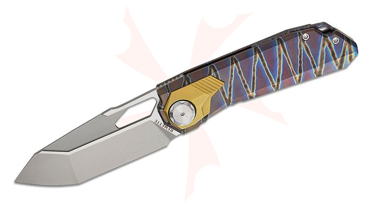 Remette Knives RT-Peregrine Falcon Button Liner Lock Front Flipper Knife 3.38 inch M390 Pearlescent Tanto Blade, Tiger Stripe Titanium Handles with Gold Anodized Titanium Onlays and Clip