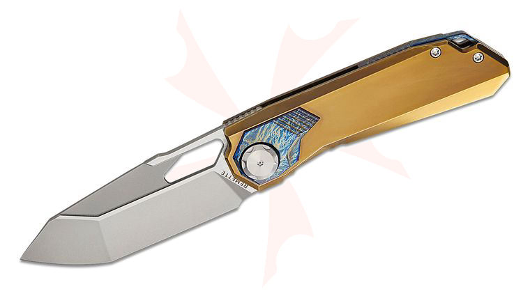 Remette Knives RT-Peregrine Falcon Button Liner Lock Front Flipper Knife 3.38 inch M390 Pearlescent Tanto Blade, Polished Bronze Titanium Handles with Entropic Anodized Titanium Onlays and Clip