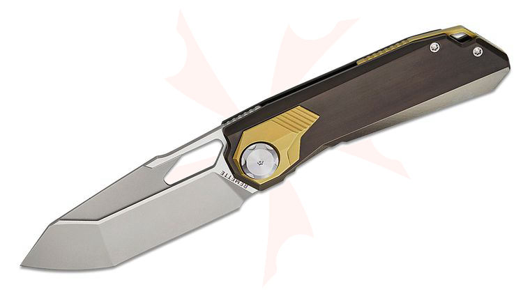 Remette Knives RT-Peregrine Falcon Button Liner Lock Front Flipper Knife 3.38 inch M390 Pearlescent Tanto Blade, Dark Gray Titanium Handles with Gold Anodized Titanium Onlays and Clip