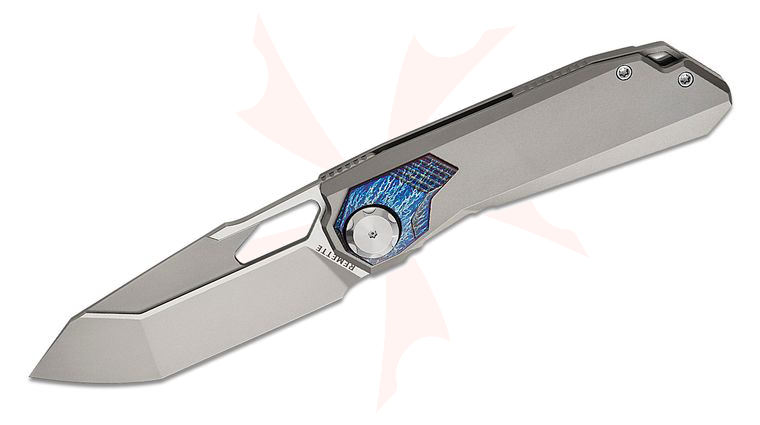 Remette Knives RT-Peregrine Falcon Button Liner Lock Front Flipper Knife 3.38 inch M390 Pearlescent Tanto Blade, Sand Blasted Titanium Handles with Entropic Anodized Titanium Onlays