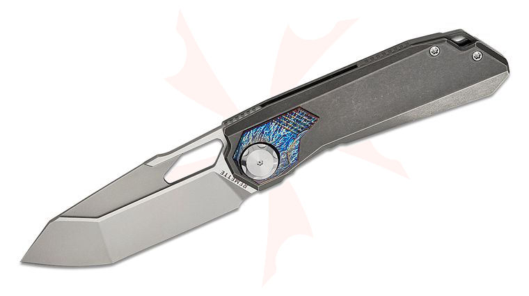 Remette Knives RT-Peregrine Falcon Button Liner Lock Front Flipper Knife 3.38 inch M390 Pearlescent Tanto Blade, Gray Titanium Handles with Entropic Anodized Titanium Onlays