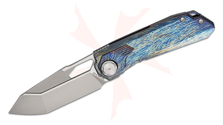 Remette Knives RT-Peregrine Falcon Button Liner Lock Front Flipper Knife 3.38 inch M390 Pearlescent Tanto Blade, Entropic Anodized Titanium Handles with Titanium Onlays