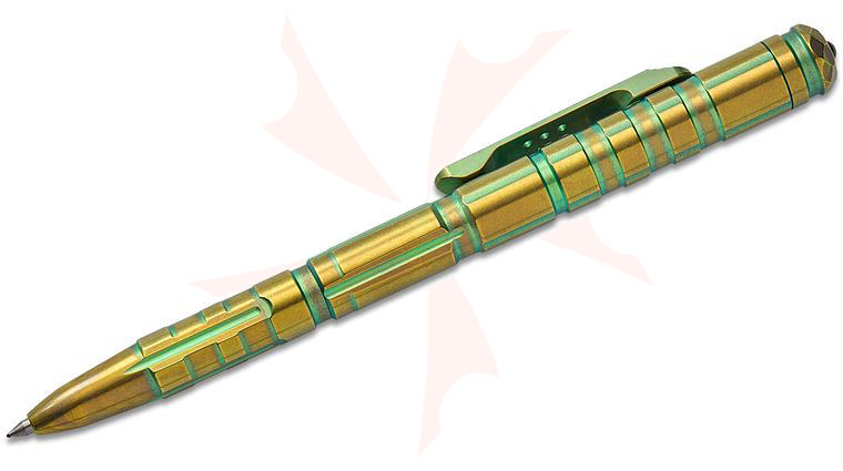 Remette Knives RT-TP1C Tactical Slide Click Pen 5.38 inch Overall, Milled Gold/Green Titanium, Glassbreaker