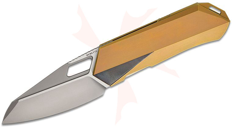 Remette Knives RT-Woodpecker Liner Lock Front Flipper Knife 2.95 inch M390 Pearlescent Reverse Tanto Blade, Gold Titanium Handles