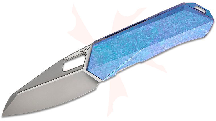 Remette Knives RT-Woodpecker Liner Lock Front Flipper Knife 2.95 inch M390 Pearlescent Reverse Tanto Blade, Blurple Crystallized Titanium Handles