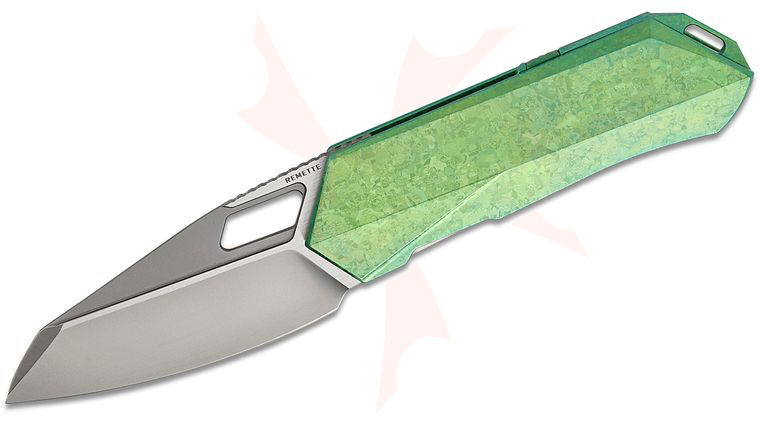 Remette Knives RT-Woodpecker Liner Lock Front Flipper Knife 2.95 inch M390 Pearlescent Reverse Tanto Blade, Green Crystallized Titanium Handles