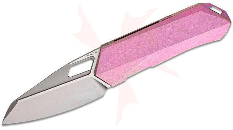 Remette Knives RT-Woodpecker Liner Lock Front Flipper Knife 2.95 inch M390 Pearlescent Reverse Tanto Blade, Purple Crystallized Titanium Handles