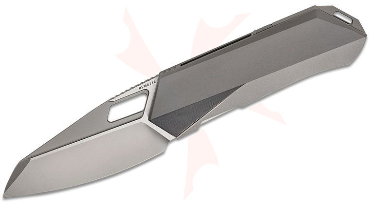 Remette Knives RT-Woodpecker Liner Lock Front Flipper Knife 2.95 inch M390 Pearlescent Reverse Tanto Blade, Gray Ceramic Sandblasted Titanium Handles
