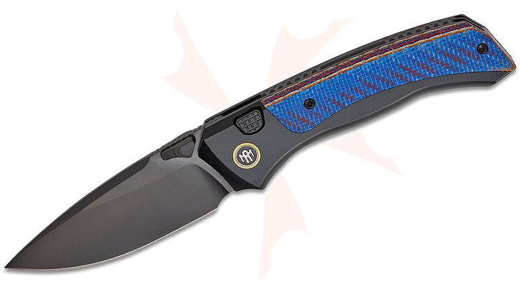 Remette Knives RT-Steed Button Frame Lock Folding Knife 3 inch M390 Black DLC Drop Point Blade, Black Titanium Handles with Blue Twill Carbon Fiber Inlays, Gold Anodized Pivot Collar